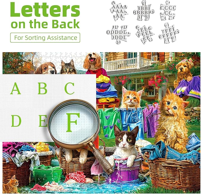 Laundry Day Jigsaw Puzzle 1000 Pieces for Adults, Dogs and Cats Theme, Puzzles for Adults 1000 Pieces Adult Entertainment Puzzle with Colorful Backyard Laundry Scene, Gifts for Easter Mother’s Day