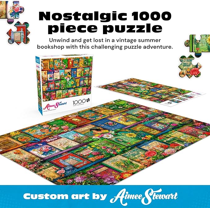 Buffalo Games - Aimee Stewart - Vintage Summer Books - 1000 Piece Jigsaw Puzzle for Adults, Colorful Library Puzzle, Vibrant Florals, Challenging Fun, Finished Size 26.75 x 19.75