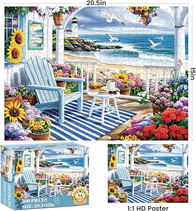 500 Piece Puzzle for Adult,Summer Seaside Pavilion Flower Puzzle for Adult Senior,Colorful Jigsaw Puzzle for Hawaii Landscape Lovers,Challenging Family Activity Game Gift for Family Friends,20.5*15 In