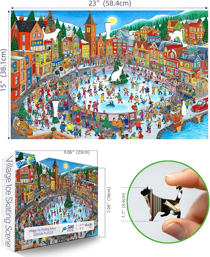 500 Pieces Jigsaw Puzzle for Adults Winter Village Ice Skating Scene Festive Christmas Happy Holiday Town Square Puzzle Family Entertainment Perfect for Adults & Family Fun (23''X15'')