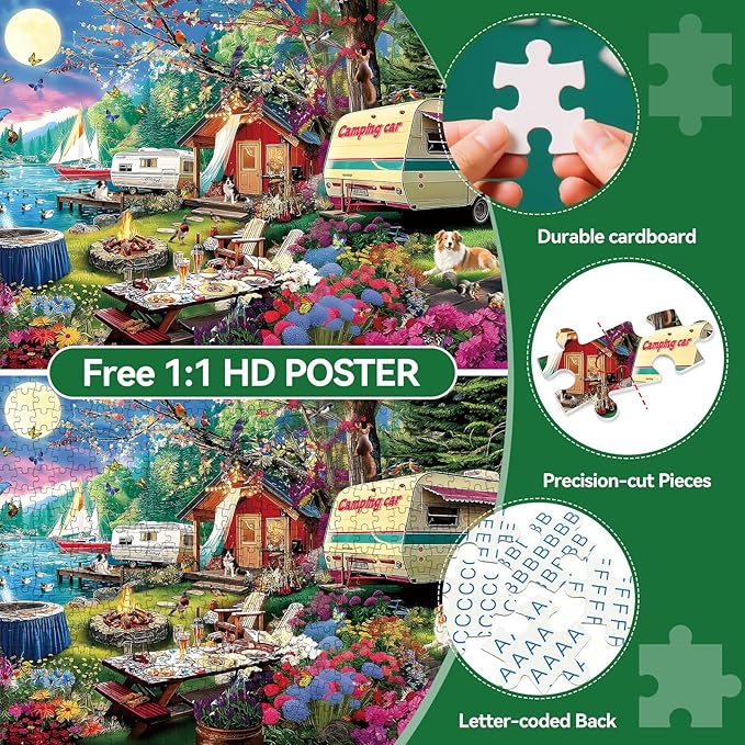 300 Piece Puzzles for Adults, 300 Piece Puzzles for Adults Large Piece, Moonlit Night Lake Camping Adventure Jigsaw Puzzle, Challenging Puzzle Perfect for Game Nights, 20.5 X 15 in