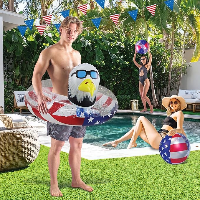 POZA Inflatable USA Pool Float - Luxurious Fun Lounger Filled with Sparkle Silver Stars Confetti, Cool USA Flag Design Water Swimming Pool Floaties for Beach, Lake & Pool