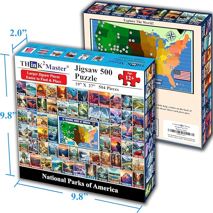Think2Master Colorful Vintage USA National Parks 500 Pieces Very Large Pieces Jigsaw Puzzle for 13+, Adults & seiors. Great Gift for People Interested in Traveling. Size: 26.8” X 18.9”