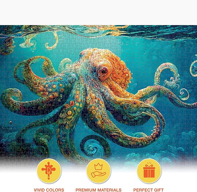 Cross & Glory - Deep Blue Octopus Odyssey - Jigsaw Puzzles 1000 Pieces for Adults | Ocean Octopus Puzzles for Adults | Challenging Brain Teaser Ocean Puzzle | 20 x 27 Inches