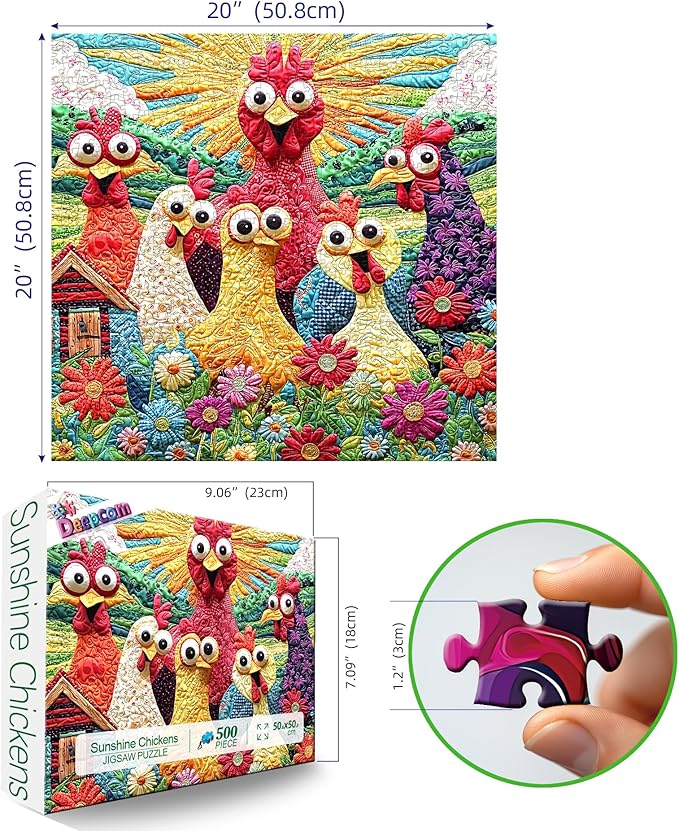 Colorful Chicken Family Farm Jigsaw Puzzle 500 Piece for Adults, Country Farm with Flower and Barn, 20 x 20 Inches, Relaxing & Decor