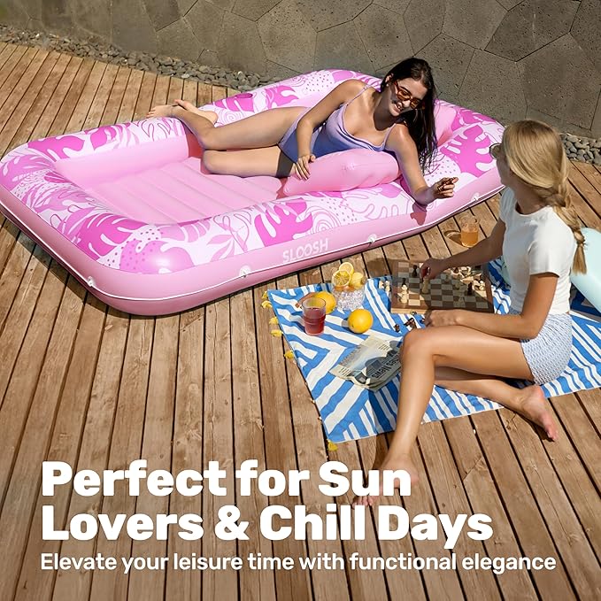 SLOOSH Inflatable Tanning Pool Lounger Float, 85" x 57" Extra Large Pool Floats Adult with Pillow, 4 in 1 Suntan Tub Raft Floatie,Sunbathing Bed Lounge for Water Blow Up Ball Pit, XL-Blushing Pink