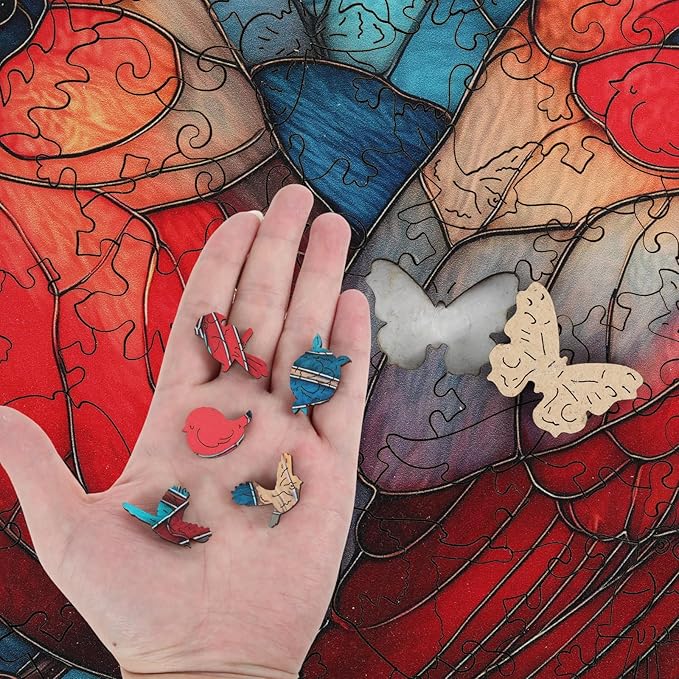 Wooden Puzzles for Adults - Cardinals Stained Glass Unique Shaped Pieces, 500 Pieces Flower Cardinal Bird Art Puzzle, Beautiful Home Wall Decor & Gift for Bird Lovers, Family Game, 11.8 * 15.7in