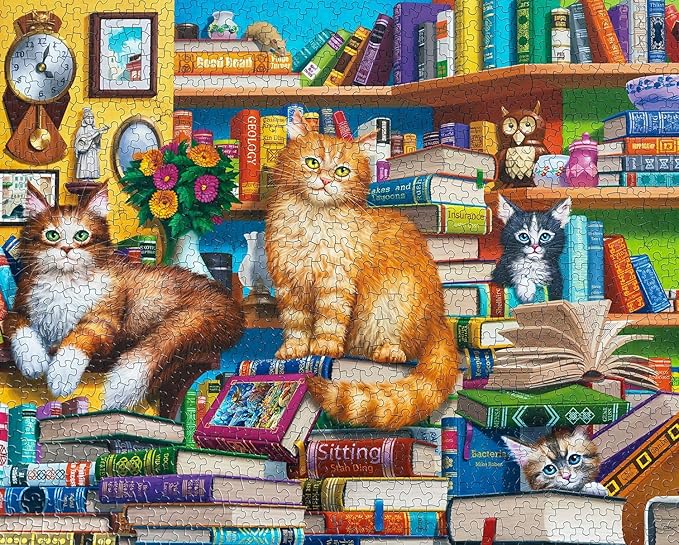 Springbok's Bookshop Cats 1000 Piece Puzzle for Adults Featuring Furry Felines Perched on The Bookshelf. Cat Lovers Will Enjoy This Masterpiece.