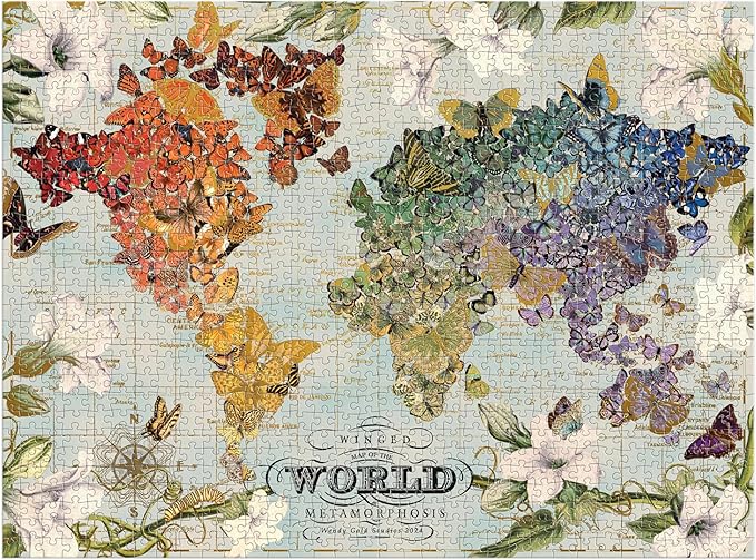 Galison Winged Metamorphosis – 1000 Piece Wendy Gold FOIL Jigsaw Puzzle Featuring Beautiful Artwork of A Butterfly Inspired World Map