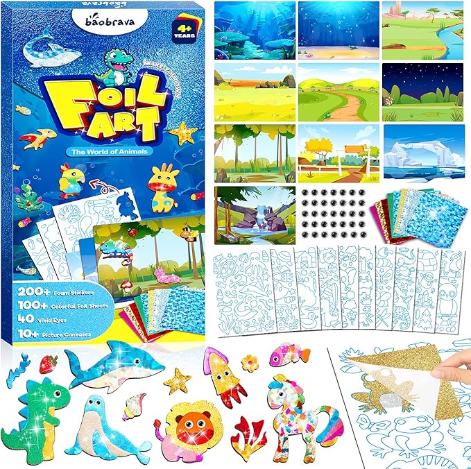Baobrava Foil Fun Art Craft Kit - Animal Arts and Crafts for Kids 4-8 - DIY Creative Activity Travel Toys - Foam Stickers Books - Birthday Gift for Boys Girls - Easter Gifts