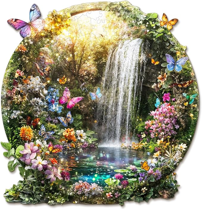 Wooden Puzzles for Adults, Butterflies and Waterfalls Jigsaw Puzzles, 301 Piece Unique Shaped Puzzle, 3D Visual Landscape Shape Puzzle, Gifts for Adults，Wall Decor(13.4 * 13 in)