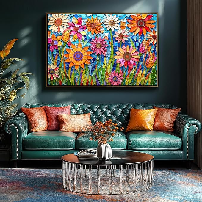 MINIWAN Stained Glass Mosaic Colorful Sunflowers 1000 Piece Jigsaw Puzzle for Adults, Vibrant Mosaic Glass Floral Jigsaw Puzzle, Gift for Flower & Art Lovers 27.5x19.7 Inch
