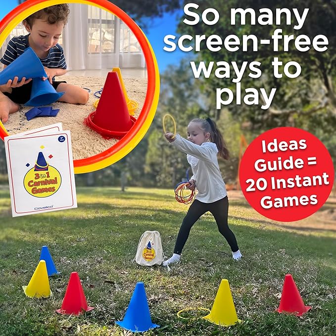 Ring Toss Game, Obstacle Course for Kids 3-5 & Birthday Party Games, Carnival Bean Bags for Tossing Gross Motor Toys for Toddlers 3-5, 12 Rings & 12 Bean Bags, 6 Cones for Kids, PE Equipment