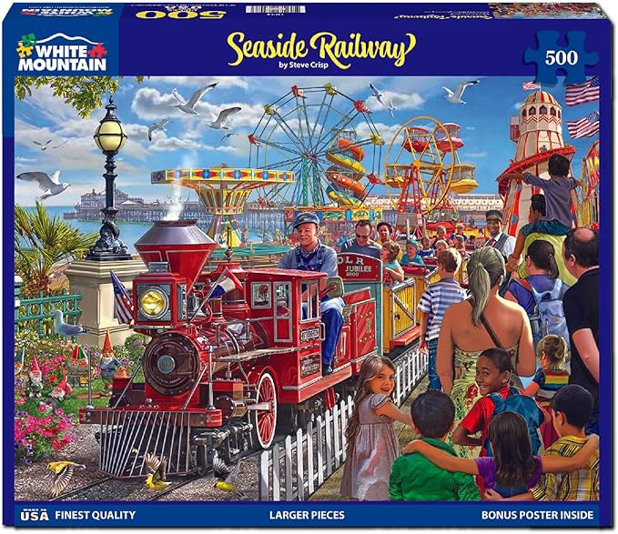 White Mountain 500 Piece Jigsaw Puzzle Theme Park Train Puzzles with Large Pieces Gift for Adults 18"x24" - Seaside Railroad