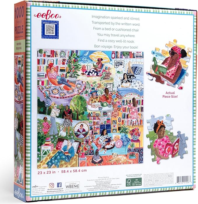 eeBoo 1000 Piece Puzzle - Women Reading Jigsaw Puzzle for Adults, Square 23" x 23" Made with Recycled Board & Vegetable-Based Ink