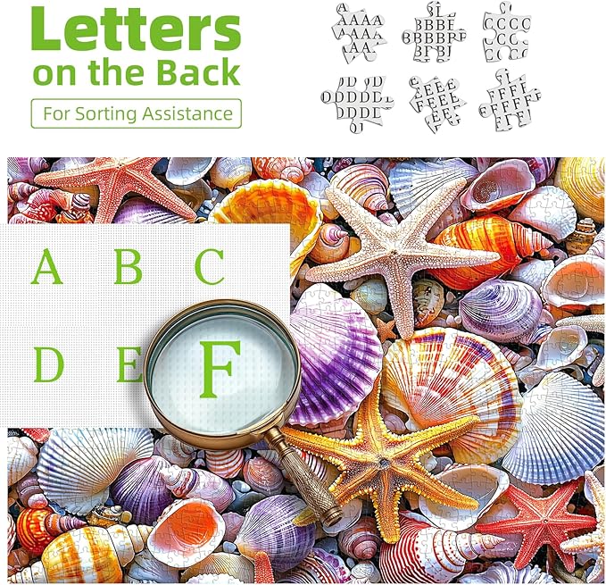 300 Pieces Puzzle for Adults, Colorful Seashell and Starfish Jigsaw Puzzles for Adults with Letter on Back for Fun Family Game Challenging Puzzle and Perfect Summer Decoration (17 x 11 in)