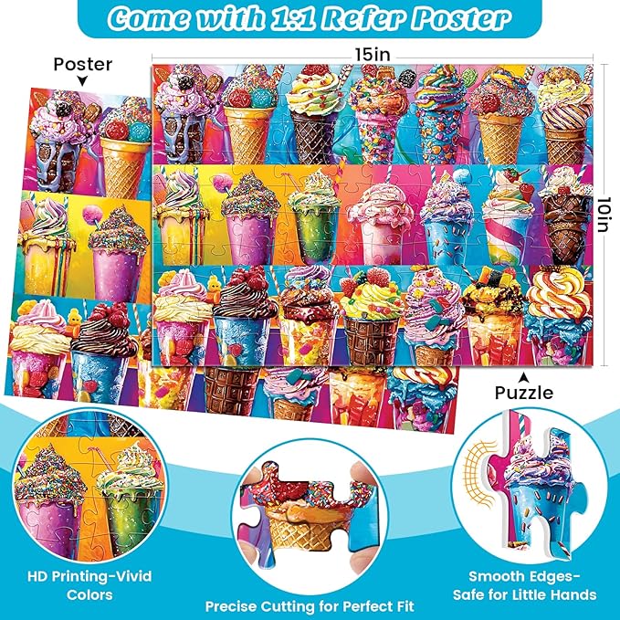 4-Pack 100 Piece Puzzles for Kids Ages 6-8 8-10 - Large Piece Puzzles for Adults Seniors Kids,Dogs Cats Ice Cream Animals Jigsaw Puzzle for Kids Ages 4-6,Learning Educational Toys Gifts for Boys Girls