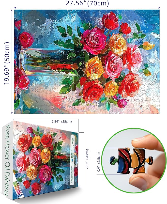 1000 Piece Puzzles for Adults, Rose Flowers Jigsaw Puzzles 1000 Pieces for Adults Oil Painting Floral Art Design with Letters On Back for Family Challenging Decor Great Gift, 27.5 x 19.7 Inch