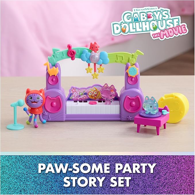 DreamWorks GABBY'S Dollhouse The Movie, Paw-Some Party Story Set with DJ Catnip, 2 Eraser Cat Toy Figures & Accessories, Kids Toys for Girls & Boys Ages 3 and Up