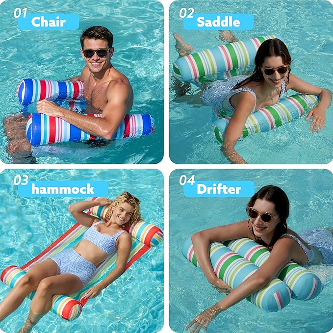 Sloosh 3 Pack 4-in-1 Inflatable Pool Floats - Water Hammock Lounges, Multi-Purpose Swimming Pool Accessories (Saddle, Lounge Chair, Drifter) for Pool, Lake, Outdoor, Beach
