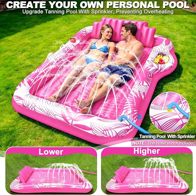 83" X 60" Inflatable Tanning Pool Lounger Float with Sprinkler, Extra Large Pool Float Adults with Pillow, 6 in 1 Suntan Tub Raft Floatie Toys with Drink Holder Sunbathing Water Filled Tanning Bed