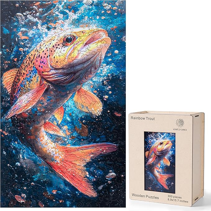 ESTROSO Magical Wooden Puzzle for Adults with Beautiful Rainbow Trout Fish Design - 300 Piece Each Luxury Unique Shape Wooden Puzzle with Exquisite Wooden Box for Gift - 8.9x17.7 Inch