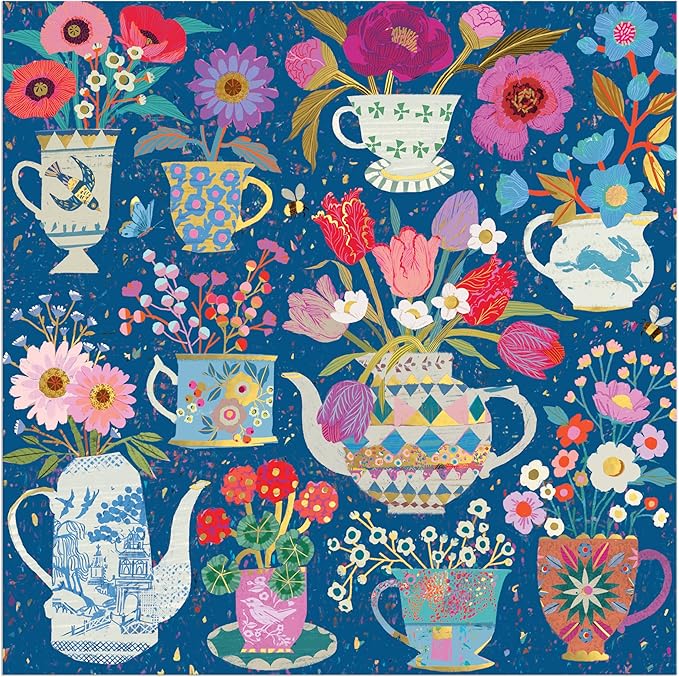 Galison Potted Teacups – 500 Piece Foil Jigsaw Puzzle Featuring Beautiful Artwork of Potted Teacups with Floral Background