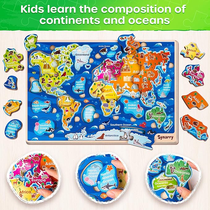 SYNARRY Large USA World Wooden Puzzles for Kids Ages 4-6, Learning United States World Maps Puzzles for Kids Ages 6-8, Wood Jigsaw Puzzles Educational Games Toys for Boys Girls Ages 3-8, Easter Gifts