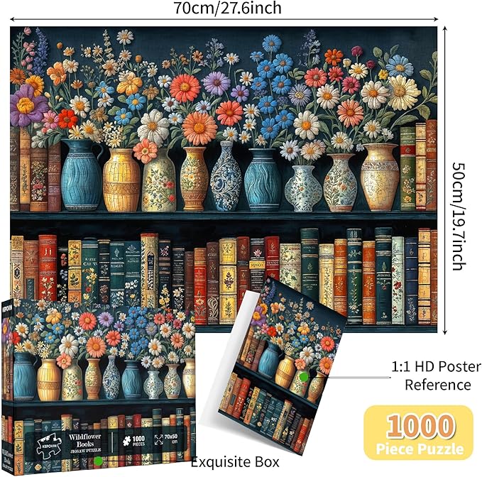 Wildflower Book Puzzles for Adults 1000 Pieces Puzzle Clearance Vintage Books Challenging Adult Puzzles 1000 Pieces Puzzle Perfect for Family Game 27.5 x 19.6 inch