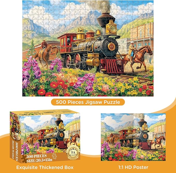 Puzzles for Adults 500 Pieces,Spring Railway Train Puzzle for AdultsTeens,Knight Horse Jigsaw Puzzles for Kids,Recyclable Cardboard Puzzles for Seniors,Challenging Family Game, 20.5 x 15 in