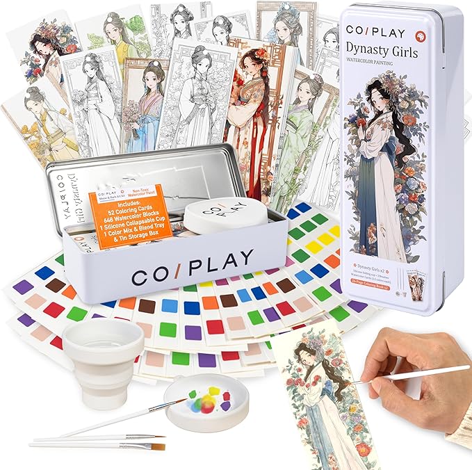 COIPLAY 648 Color Blocks Watercolor Paint Set, 52-Bookmarks, 3 Brushes, Silicone Cup, Dynasty Girls Coloring Books, for All Ages, Travel-Friendly, Easy to Use, All in One Art Supplies Craft kit