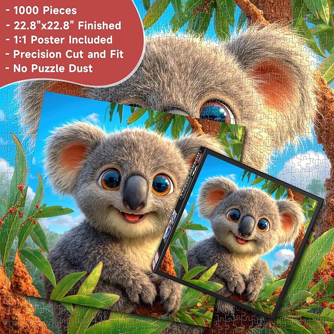 Adorable Koala 1000 Piece Puzzle for Adults - Cute Australian Wildlife Art, Eucalyptus Tree Scene, Poster & Lettered Back, 22.8" Square HD, Gift for Animal & Nature Lovers