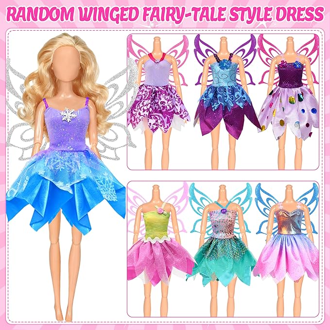 BYMORE 12 Set Doll Clothes Kit, Include Fashion Dresses, Floral Dresses, Sequins Dresses, Evening Party Dresses, Fairy Dresses with Wings, Tops and Pants in Gift Box for 11"-12" Dolls
