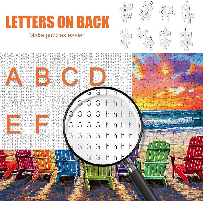 Beach Puzzles for Adults 500 Pieces - Colorful Puzzles Beach Lounge Chair Scene, Summer Jigsaw Puzzle with Letters on Back, Challenging Hard Difficult Sunset Landscape Puzzle as Home Coast Art Decor
