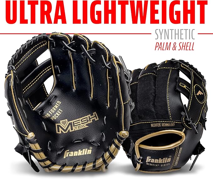 Franklin Sports Kids Baseball Glove + Foam Ball Sets - Meshtek Youth Teeball Gloves for Kids + Toddlers - Left + Right Hand Throw - 9.5" Inch