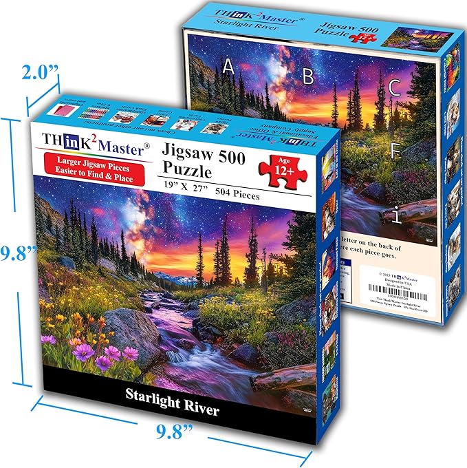 Think2Master Starry Mountain River 500 Pieces Large Format Jigsaw Puzzle: 13+, Teens, Adults & Families.Vibrant Starry Night & Milkyway Landscape with Flowers. Great Gift. Size: 26.8” X 18.9”