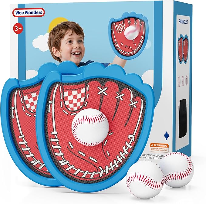 Toss and Catch Ball Set, Toddler Baseball Glove Includes 2 Paddles & 3 Sticky Balls, Catching Ball Game for Beach Yard Pool Outside, Indoor Outdoor Toys Gifts for Kids Ages 3-12, Blue