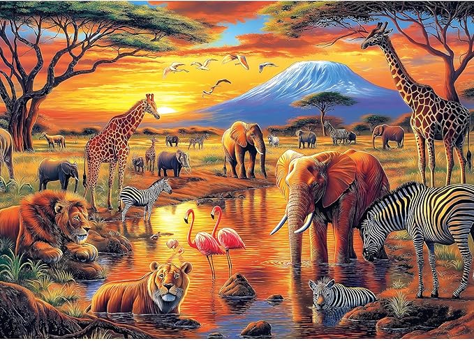 MINIWAN African Savannah Sunset Wildlife Puzzles for Adults 1000 Pieces, Mount Kilimanjaro African Animals Jigsaw Puzzle, Gift for Safari & Nature Lovers 27.5x19.7 Inch