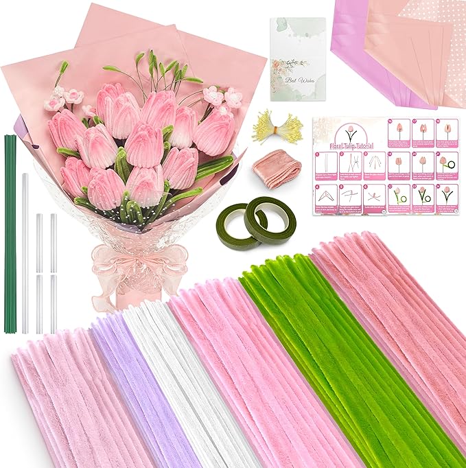 LINAYE 500 PCS Pipe Cleaners Craft, 6 Colors Pipe Cleaners Flowers Kit, Chenille Stems for Crafts with Instruction Wrapping Paper, Flower Stamens, Stems Art and Craft Supplies Pink (12inch x 6mm)