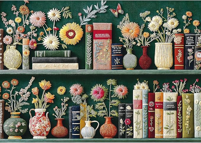 Blueforest 1000 Piece Puzzle for Adults - Vintage Embroidered Bookshelf & Floral Art, 27.5x19.7 Inches Premium Jigsaw Puzzle for Game Nights Relaxation & Home Decor