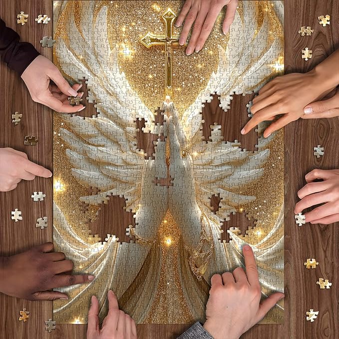 Christian Puzzles for Adults 1000 Pieces, White Angel Wings and Cross Religious Puzzles, Faith Spiritual Catholic Jigsaw Puzzle Jesus Holy Blessing, Christian Home Decor