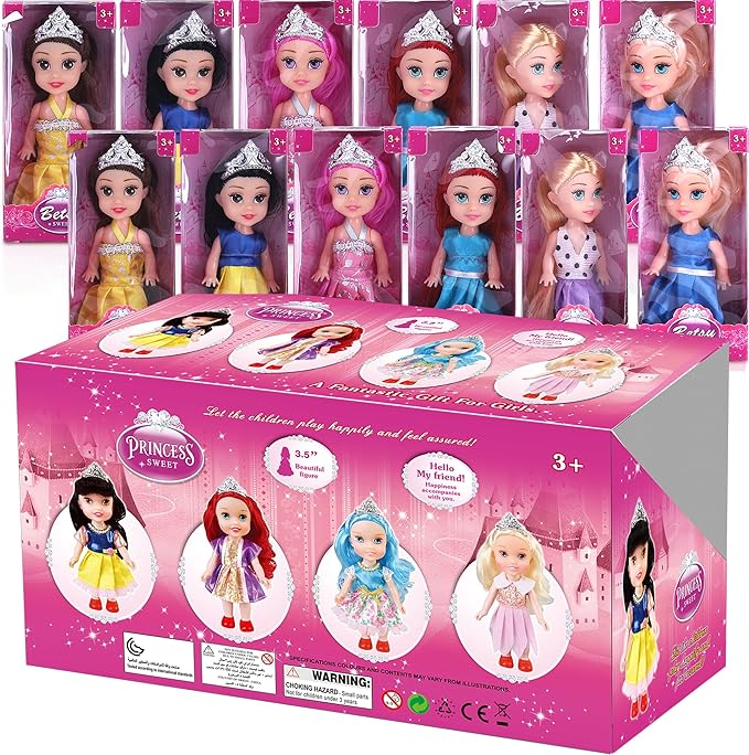 Liberty Imports 12 Pack Little Royal Princess Dolls - Mini Pocket Size Toddler Toys Fantasy Pretend Play Set with Dress, Accessories for Kids, Girls Dollhouse, Party Favors (4.5-inches)