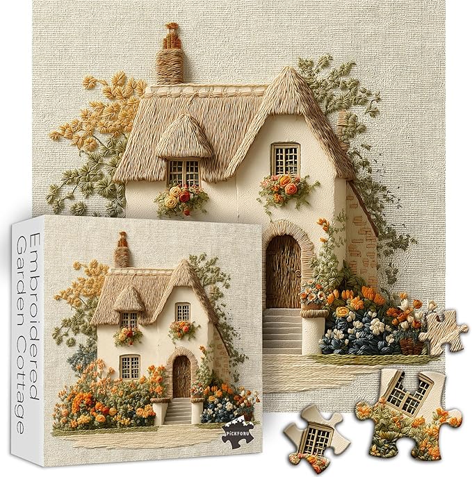 Embroidered Cottage Puzzle for Adults 1000 Pieces, Flower Garden Countryside Puzzle Cottage, Cozy Vintage Cottagecore Floral Art Jigsaw Puzzle, Retro Home Wall Decor
