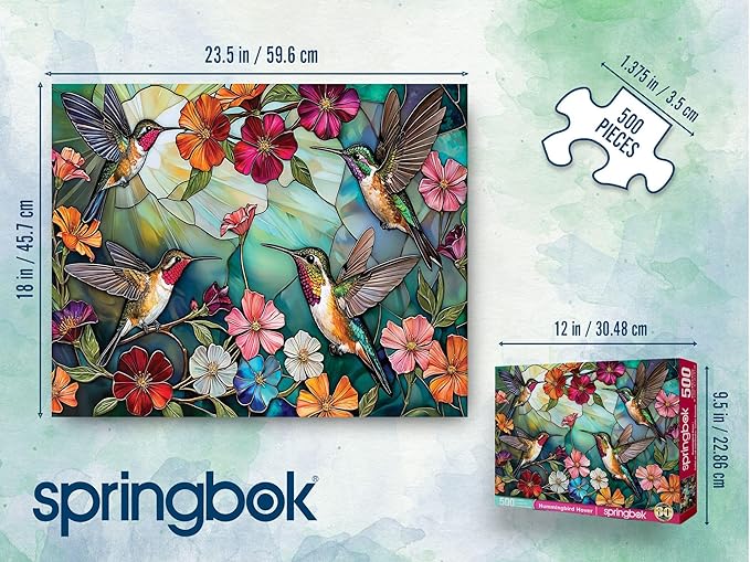 Springbok Hummingbird Hover 500 Piece Jigsaw Puzzle for Adults - Hummingbirds and Flowers - Unique Cut Pieces - Made in USA