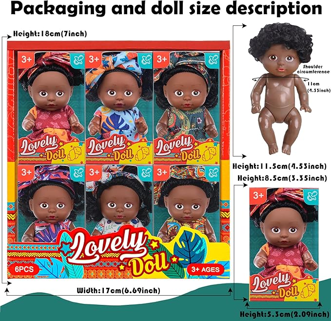 dollbie 6 Pack 4 Inch African Girl Dolls Set - Black Mini Dolls with Colorful Outfits & Hairbands – Gift for Girls 3-6, 6-12 Educational Toys & Decorative Figures