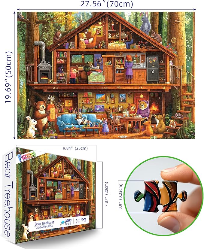 Animal Characters Jigsaw Puzzle, 1000 Pieces Puzzles for Adults, Bear Treehouse Forest Multicolor for Family Fun Decoration, Gifts, Party Toy, Finished Size 27.5" x 19.7"