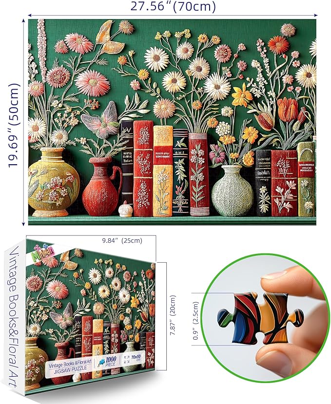 MININWAN Mbroidered Style Vintage Botanical Flower Bookshelf Puzzles for Adults 1000 Pieces, Green Background Floral Vase Books Jigsaw Puzzle, Gift for Book & Embroidery Art Lovers 27.5x19.7 Inch