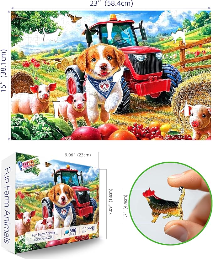 Farm Animals 500 Piece Puzzle for Adults Countryside Scenery with Cute Piglets,Red Tractor Fun Jigsaw Puzzles with Letters on Back for Seniors Challenging Adult Puzzle for Home Decor & Gift