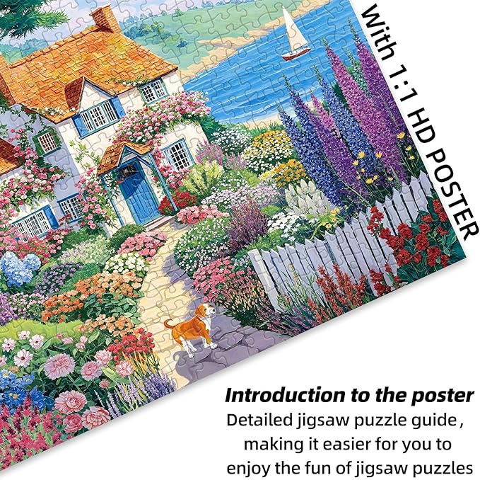 Seaside Cottage Garden Puzzle 500 Pieces - Adult Jigsaw Puzzle, Beach Ocean Theme, Premium Quality Home Decor Art