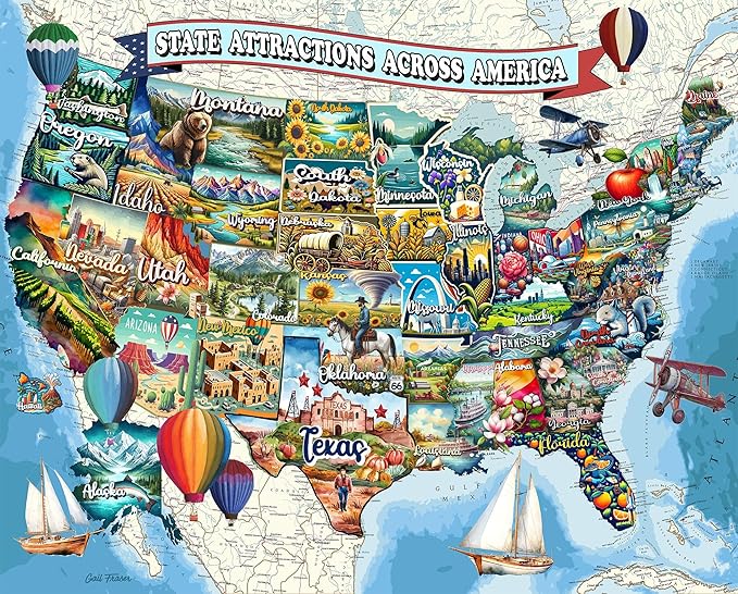 Springbok All American Attractions 1000 Piece Jigsaw Puzzle for Adults - Map of USA - Unique Cut Pieces - Made in USA